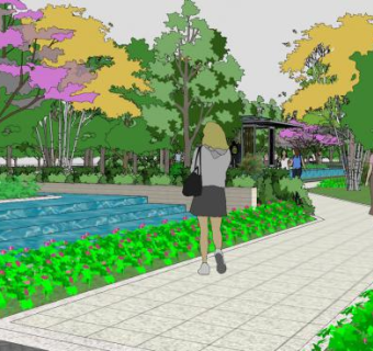 现代园林走道景观设计SU模型下载_sketchup草图大师SKP模型