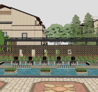 现代园林流水景墙设计SU模型下载_sketchup草图大师SKP模型