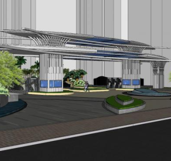 现代住宅小区大门景观SU模型下载_sketchup草图大师SKP模型