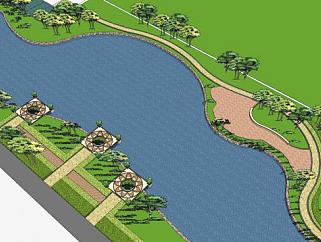现代沿河景观规划SU模型下载_sketchup草图大师SKP模型