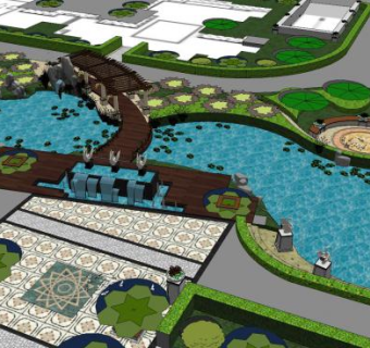 现代栈道池塘景观SU模型下载_sketchup草图大师SKP模型