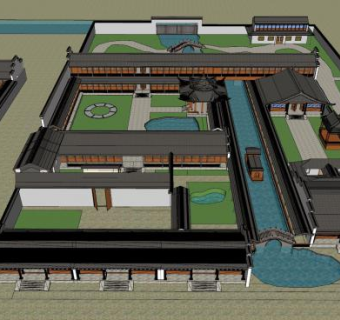 中式园林水景景观SU模型下载_sketchup草图大师SKP模型