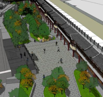 中式建筑园林走道景观SU模型下载_sketchup草图大师SKP模型