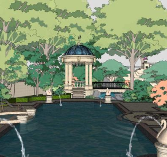 欧式凉亭喷泉泳池SU模型下载_sketchup草图大师SKP模型