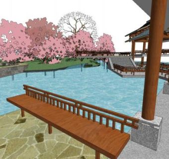 中式园林廊道水景SU模型下载_sketchup草图大师SKP模型