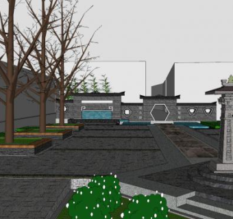中式园林景观景墙SU模型下载_sketchup草图大师SKP模型