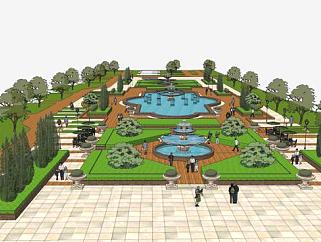 中式喷泉园林景观SU模型下载_sketchup草图大师SKP模型