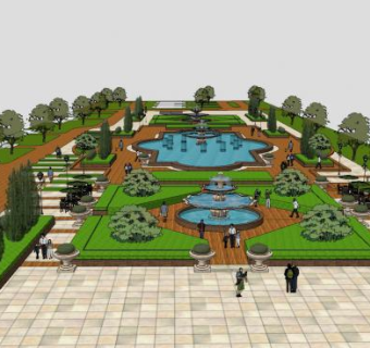 中式喷泉园林景观SU模型下载_sketchup草图大师SKP模型