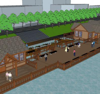 中式沿河廊道景观SU模型下载_sketchup草图大师SKP模型
