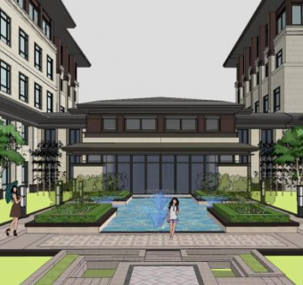 中式建筑泳池景观SU模型下载_sketchup草图大师SKP模型