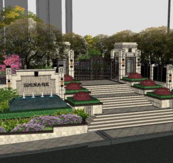 欧式小区大门庭院景观SU模型下载_sketchup草图大师SKP模型