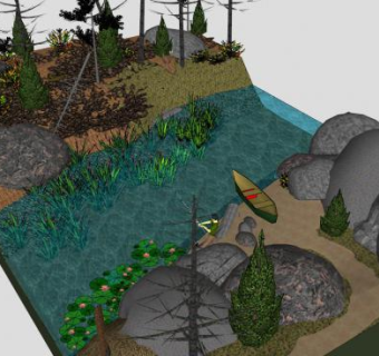 自然风沿河景观SU模型下载_sketchup草图大师SKP模型