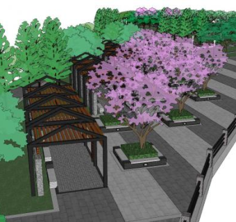 中式凉棚沿河街道景观SU模型下载_sketchup草图大师SKP模型
