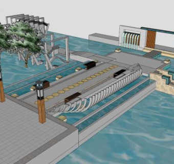 中式园林水景设计SU模型下载_sketchup草图大师SKP模型