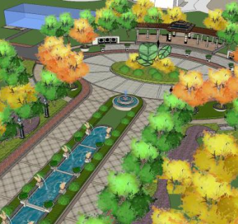 中式喷泉花圃走道景观SU模型下载_sketchup草图大师SKP模型