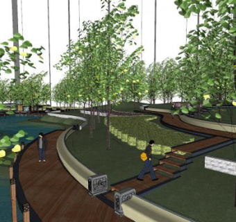 中式沿河走道园林景观SU模型下载_sketchup草图大师SKP模型