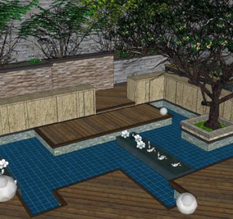 新中式古典泳池设计SU模型下载_sketchup草图大师SKP模型