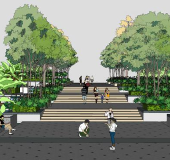 中式园林阶梯走道景观SU模型下载_sketchup草图大师SKP模型