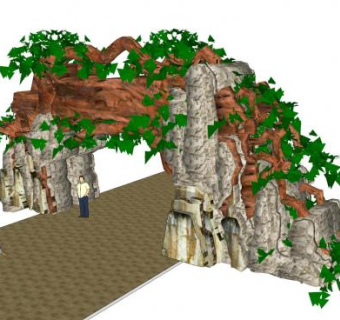 现代花园假山植物景观大门SU模型下载_sketchup草图大师SKP模型