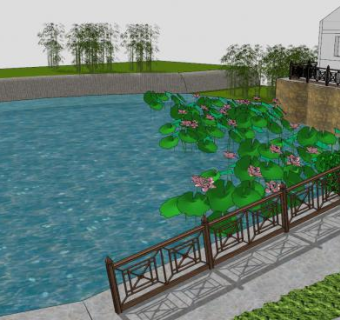 中式荷塘景观SU模型下载_sketchup草图大师SKP模型