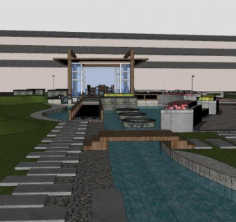 中式水景走道景观SU模型下载_sketchup草图大师SKP模型