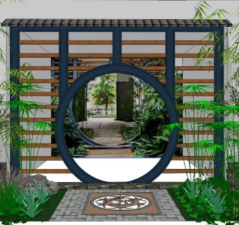 中式月洞景墙园林景观SU模型下载_sketchup草图大师SKP模型