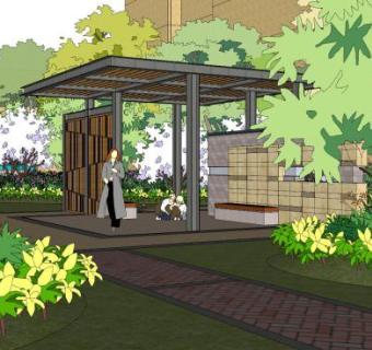 中式园林景观凉棚走道SU模型下载_sketchup草图大师SKP模型