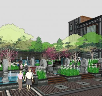 中式园林抱鼓石景观SU模型下载_sketchup草图大师SKP模型