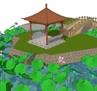 中式荷塘园林景观SU模型下载_sketchup草图大师SKP模型