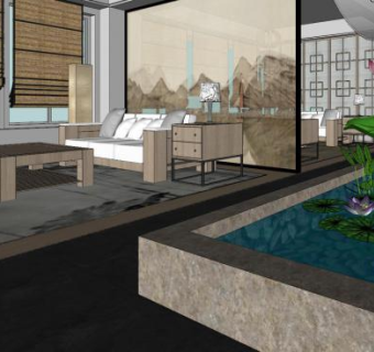 新中式园林禅意室内SU模型下载_sketchup草图大师SKP模型