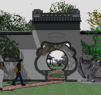 中式月亮门园林景观SU模型下载_sketchup草图大师SKP模型