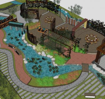 中式荷塘景观小品SU模型下载_sketchup草图大师SKP模型