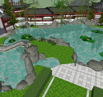 中式建筑荷塘园林景观SU模型下载_sketchup草图大师SKP模型