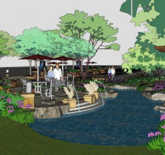 中式休闲园林水景SU模型下载_sketchup草图大师SKP模型