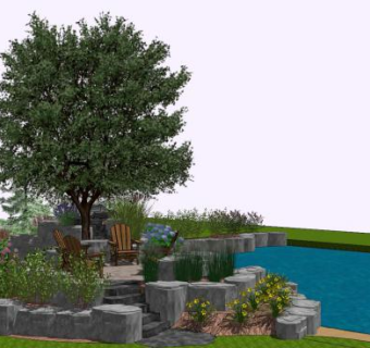 中式休憩景观石景池塘SU模型下载_sketchup草图大师SKP模型