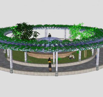 现代圆廊喷泉组合SU模型下载_sketchup草图大师SKP模型