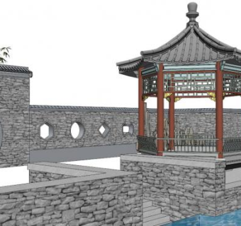 中式庭院围墙月亮门SU模型下载_sketchup草图大师SKP模型