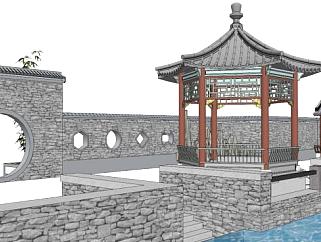中式庭院围墙月亮门SU模型下载_sketchup草图大师SKP模型