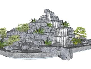 园林叠石水流假山设计SU模型下载_sketchup草图大师SKP模型