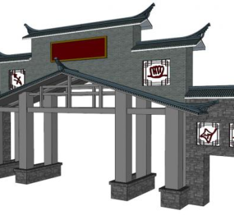 中式大门房屋瓦顶SU模型下载_sketchup草图大师SKP模型