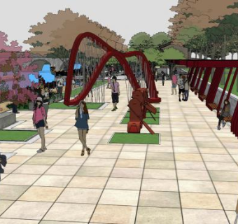 中式沿河街道桥梁景观SU模型下载_sketchup草图大师SKP模型