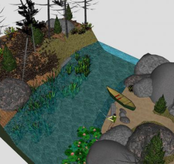 自然风沿河两岸景观SU模型下载_sketchup草图大师SKP模型