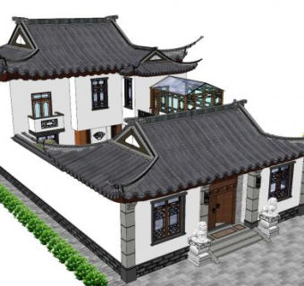 中式小型四合院SU模型下载_sketchup草图大师SKP模型