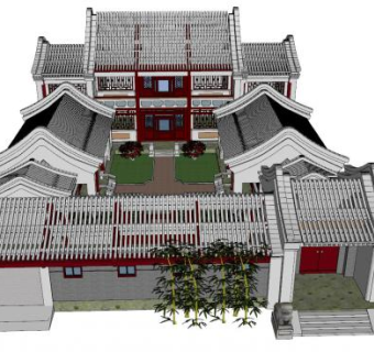 现代中式四合院SU模型下载_sketchup草图大师SKP模型