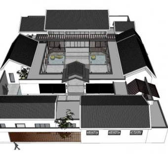 新中式二进四合院SU模型下载_sketchup草图大师SKP模型