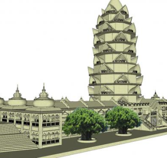 现代东南亚寺庙SU模型下载_sketchup草图大师SKP模型