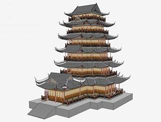 中式塔楼设计SU模型下载_sketchup草图大师SKP模型