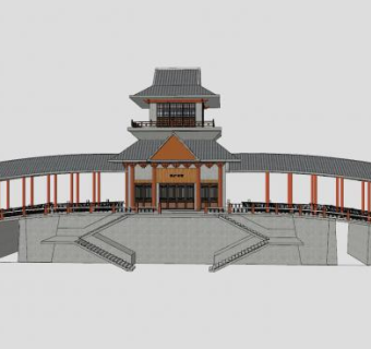 中式渔乡酒家桥楼SU模型下载_sketchup草图大师SKP模型