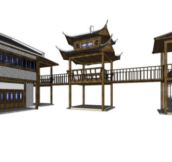 中式阁楼凉亭栈道SU模型下载_sketchup草图大师SKP模型