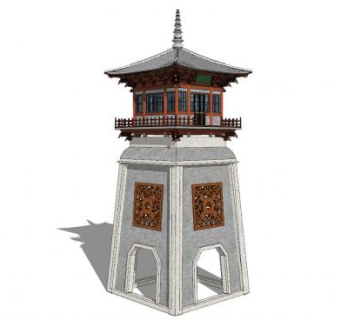 中式塔楼建筑外观SU模型下载_sketchup草图大师SKP模型
